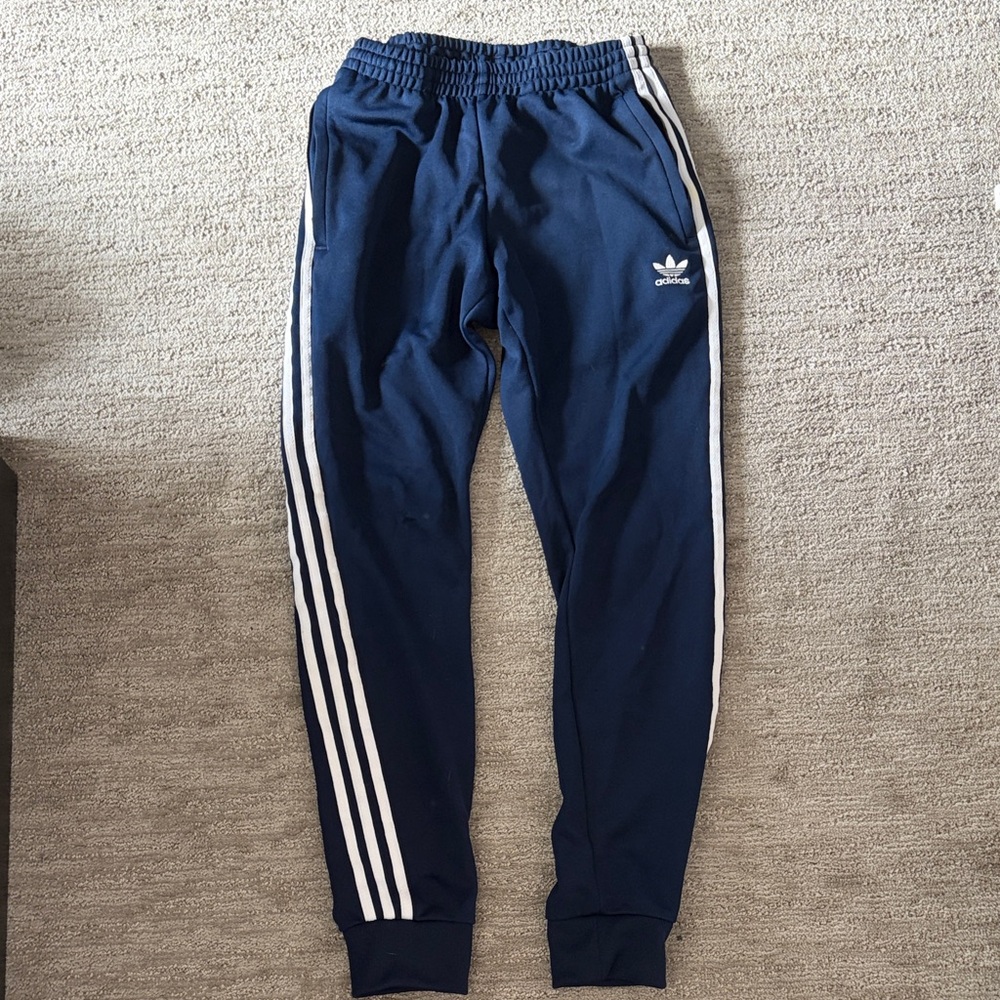 Adidas Navy Joggers with Triple White Stripes